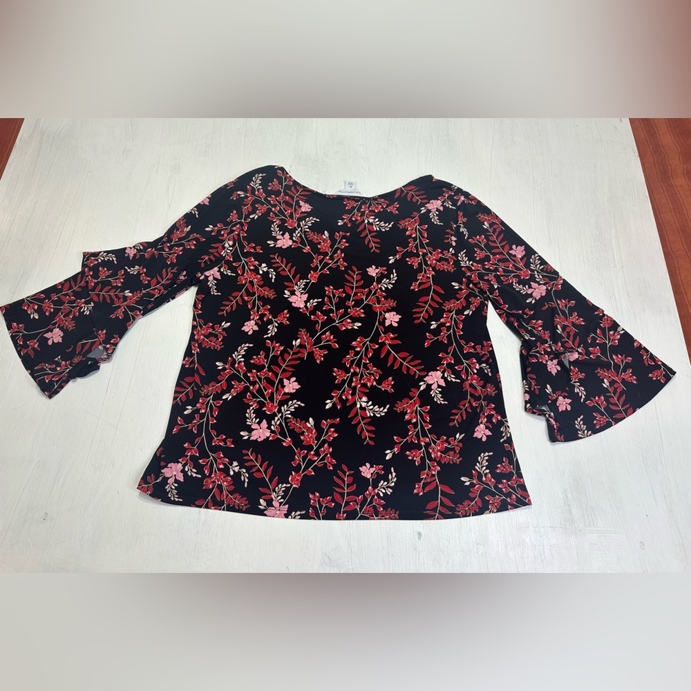 Liz Claiborne PL Floral Blouse Bell Sleeve Black Red Pink Top - Picture 2 of 8